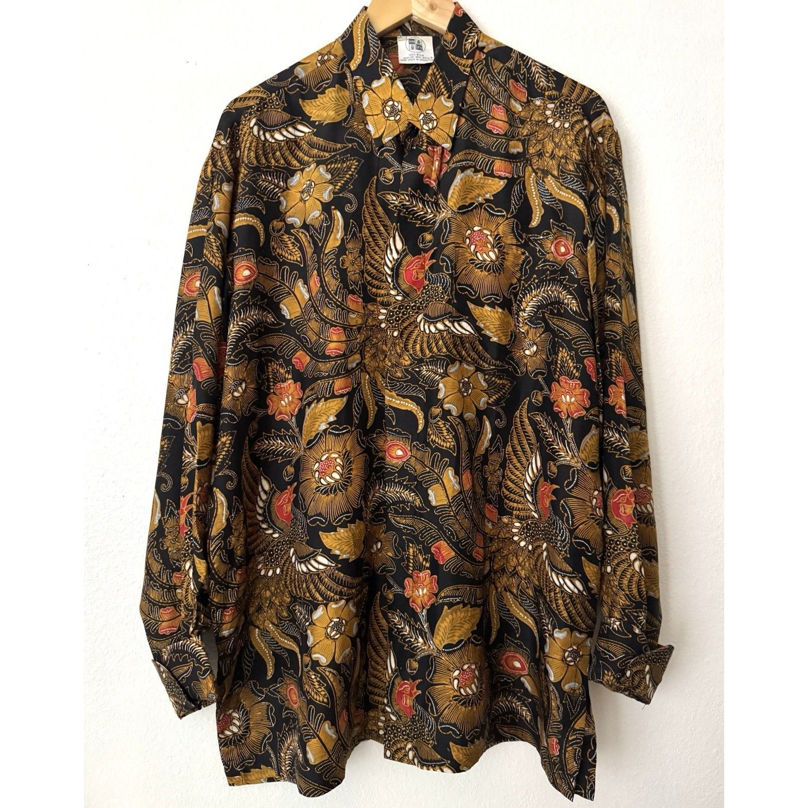 Iwan Tirta Vintage 100% Silk Genuine Wax Batik Shirt Indonesia Handmade Mens Xl